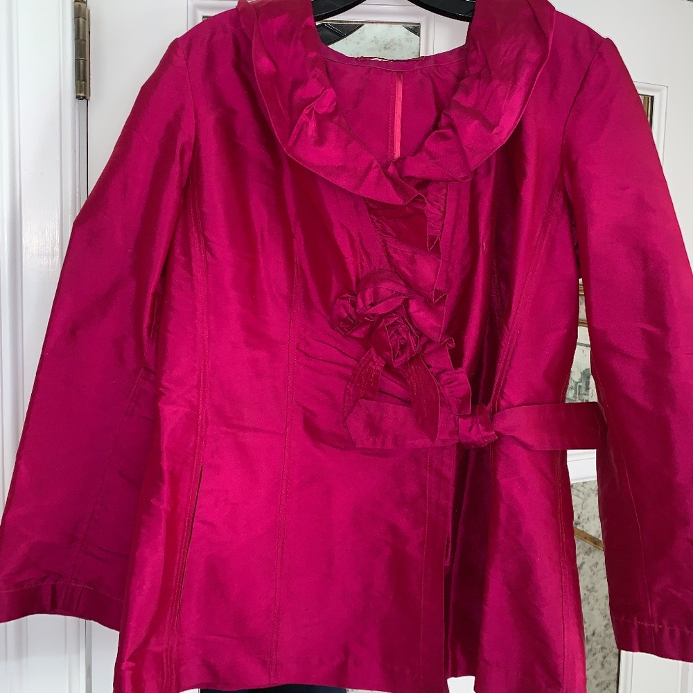 Women's Fuchsia Ruffle Satin Blouse Jacket